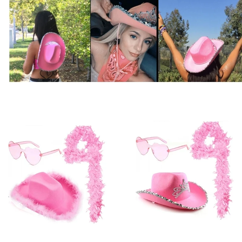 Pink Cowboy Hat with Feather Boas Glasses Set Heart Shaped Sunglasses Long Feather Boas for Dancing Halloween Party