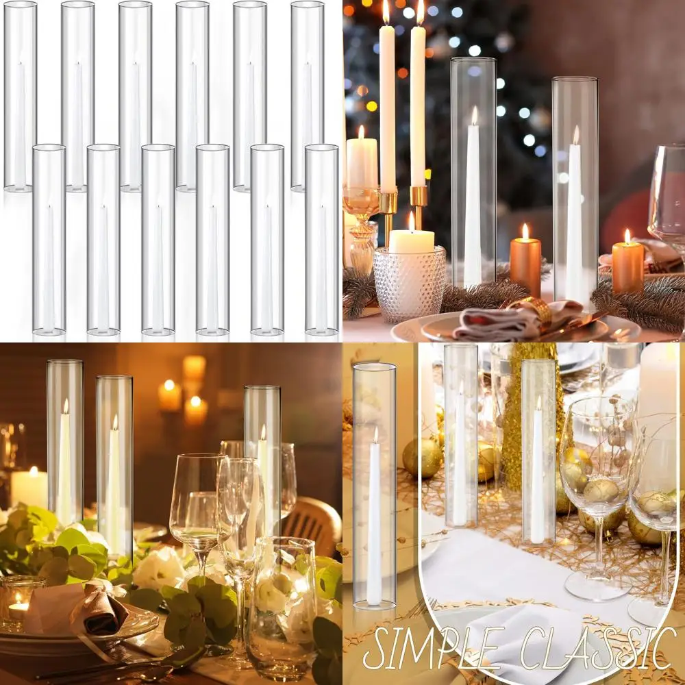 

Set of 12 Clear Glass Candle Holder Sleeves, 2.5 Wide x 14 Tall, for Bottom of Candles, Open-Ended Chimney Tube Covers