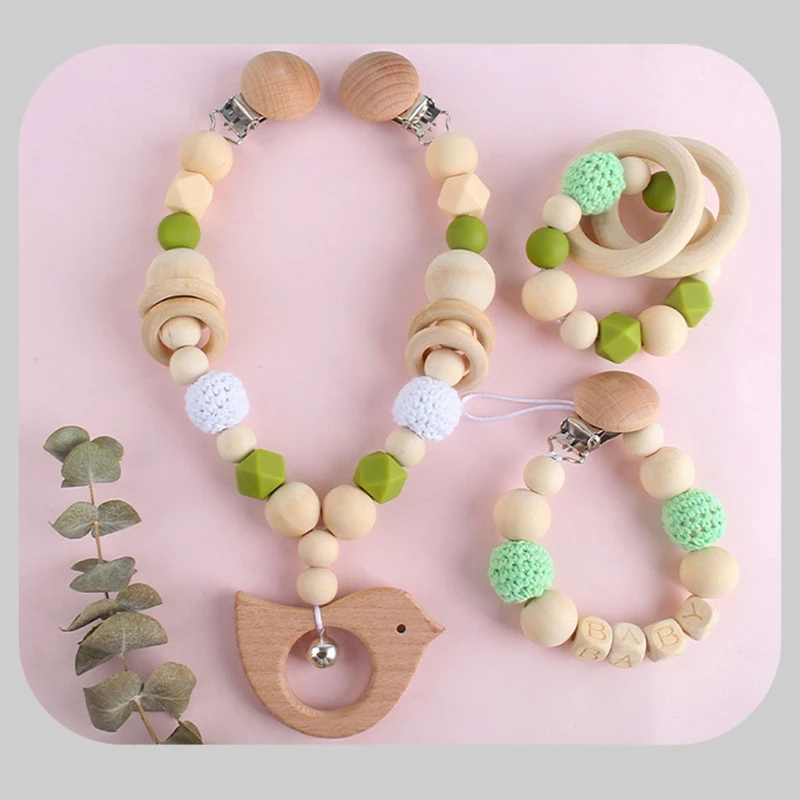 Teething Wooden Mobile Rattle Bed Pacifier Chain Clip Stroller Baby Teether Dropship