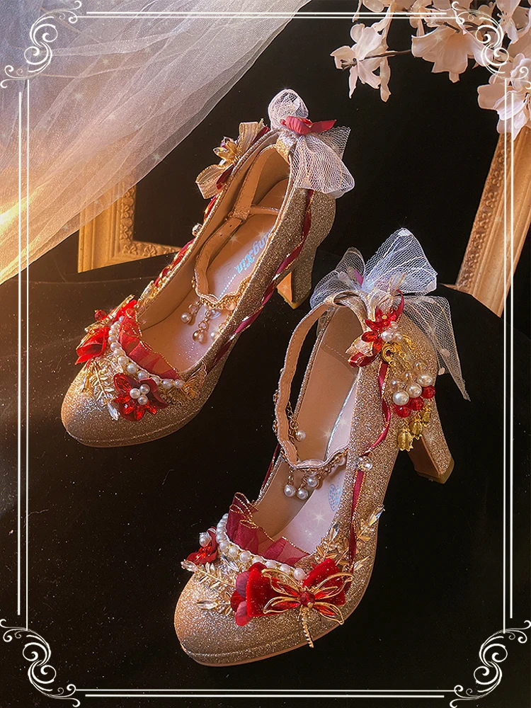 Zapatos de estilo chino Lolita para mujer, zapatos hechos a mano Xiuhe, tacón grueso redondo, Boda nupcial