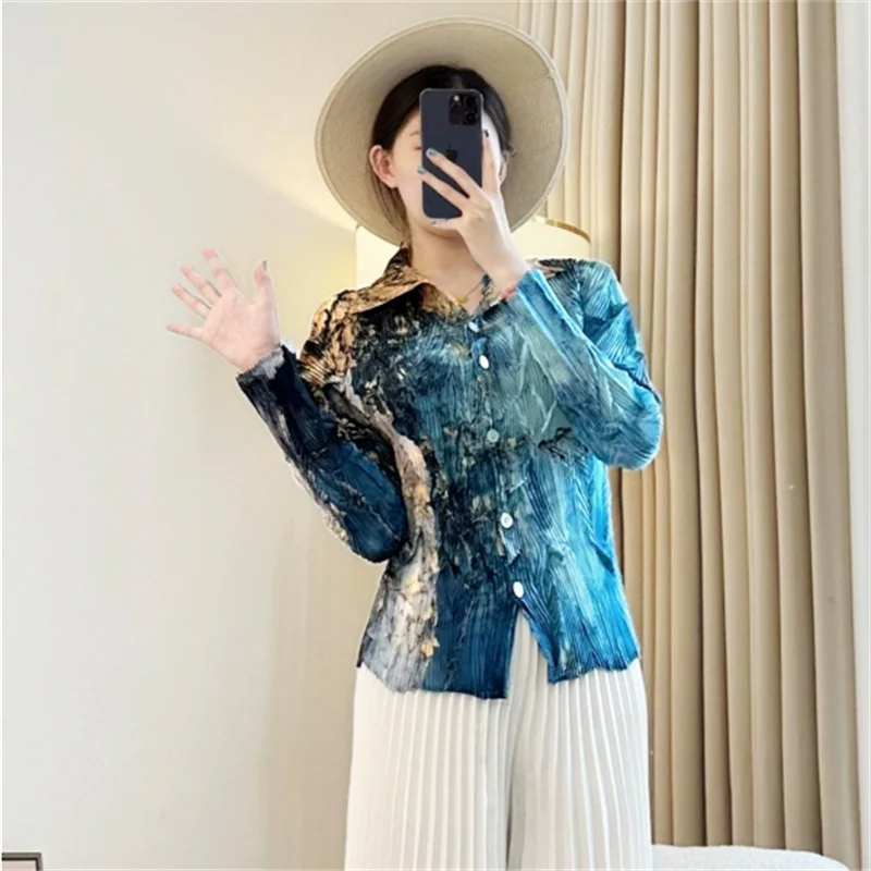 

Miyake Blue Niche Irregular Printting Women's Pleated Shirt Single Breasted Lapel Elastic Slimming Top Chic Clothing