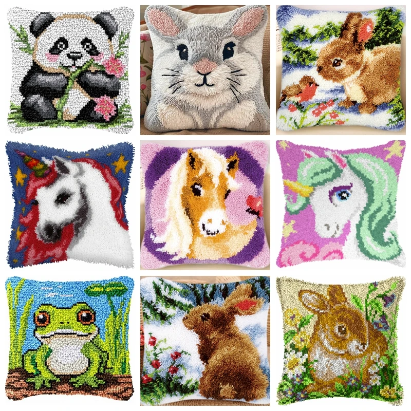 Kits de crochets de loquet licorne lapin Panda, taie d'oreiller Smyrna, paquet de broderie d'oreiller à nœud, Kit de crochets de loquet pour travaux d'aiguille, bricolage