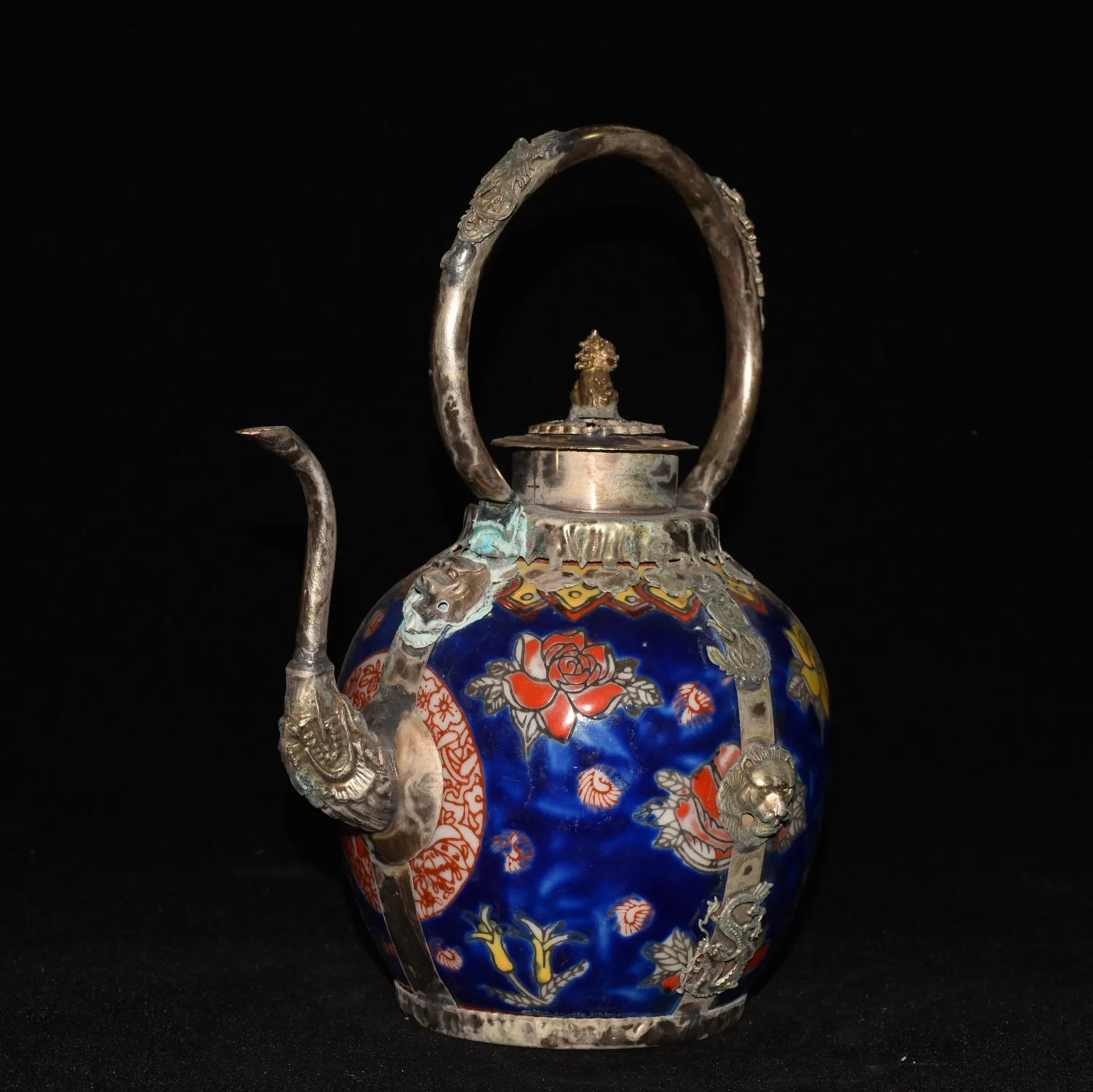 Chinese Porcelain Copper Lion Dragon Tea Pot Handwork Carving Garden Decoration 100% Real Tibetan Silver Brass