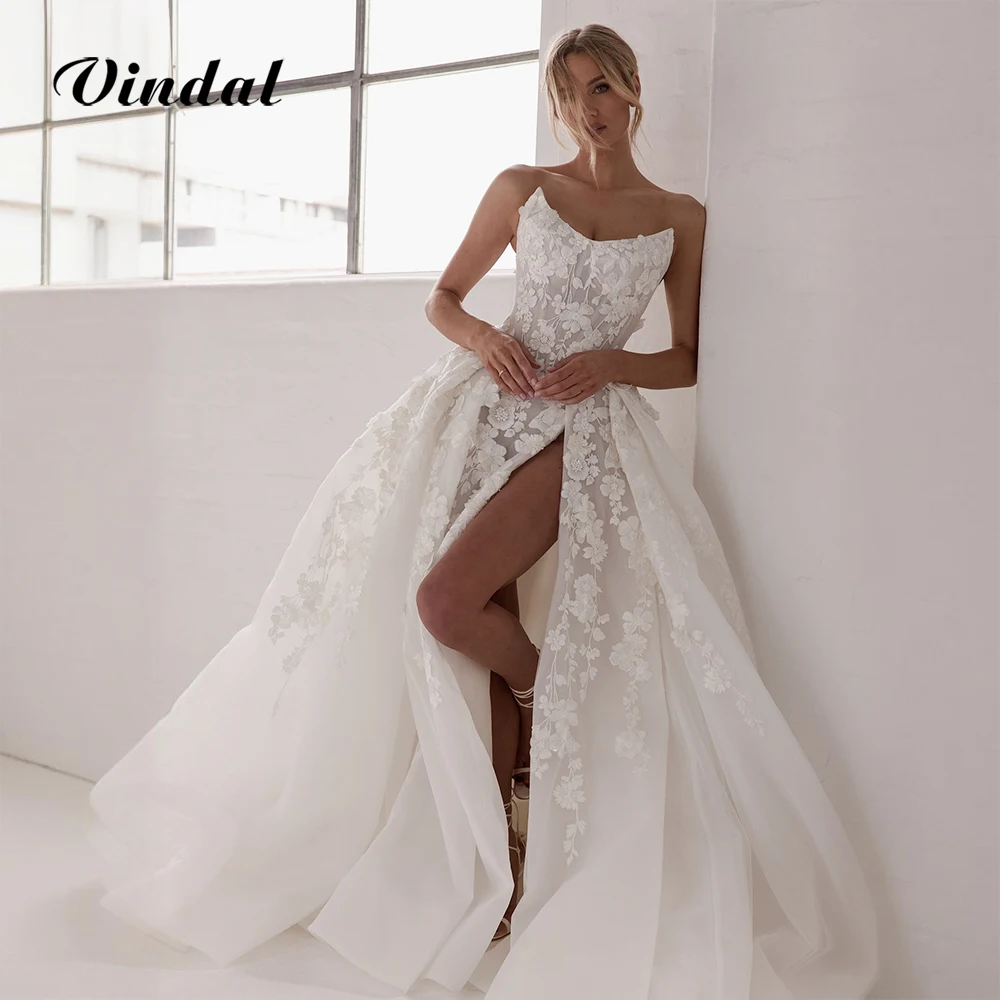 فساتين زفاف Vindal من الدانتيل بدون حمالات بفتحة عالية فساتين زفاف طويلة متدفقة فستان حفلات أنيق للعرائس حسب الطلب #1