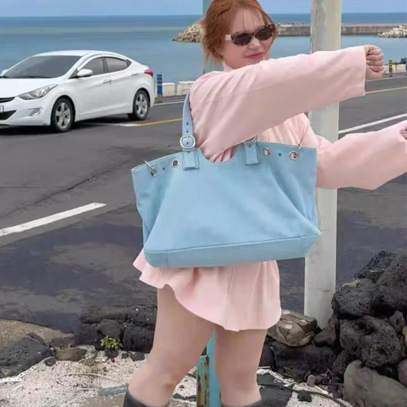 

Корейская сумка через плечо с пряжкой из искусственной кожи для подмышек, дизайнерская женская большая сумка большой вместимости, однотонная сумка для йоги с верхней ручкой