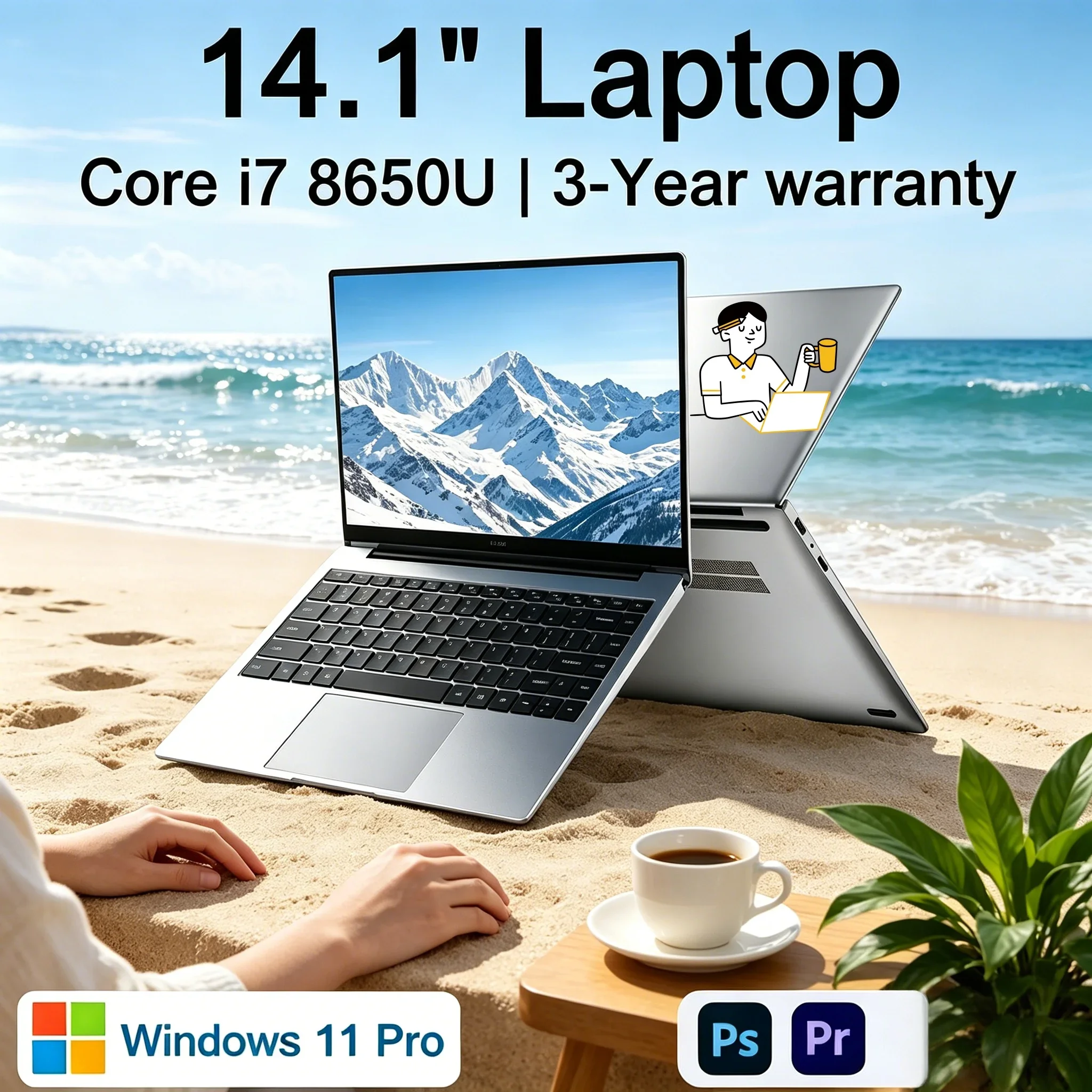 

High Performance I7 Core Notebook PC 14.1 Inch Fast M.2 SSD Large Memory Home Office Study Laptop