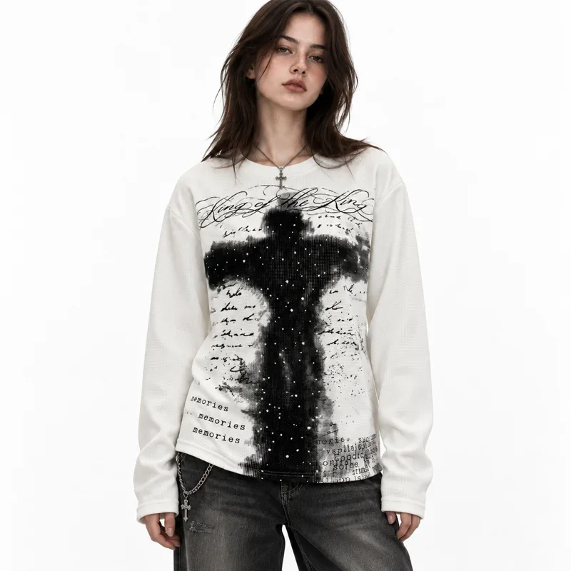 Women Long Sleeve T Shirt Gothic Cross Figure Graphic Print Crew Neck Loose Grunge Y2K Streetwear Tops