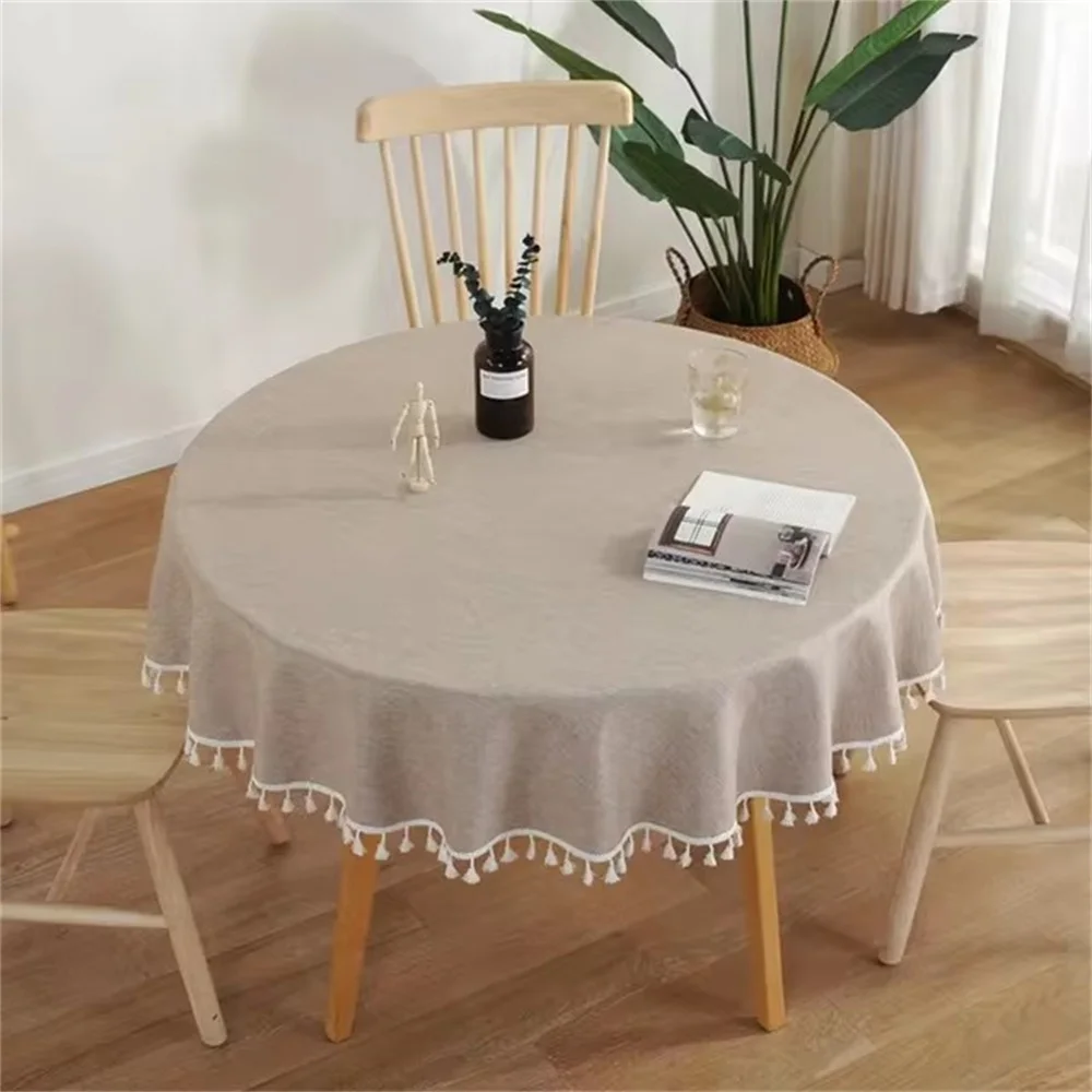 Khaki Round Tablecloth Decorative Table Cloth Waterproof Tablecloth With Tassel Home Kitchen Dining Table Cover Hotel Tablecloth