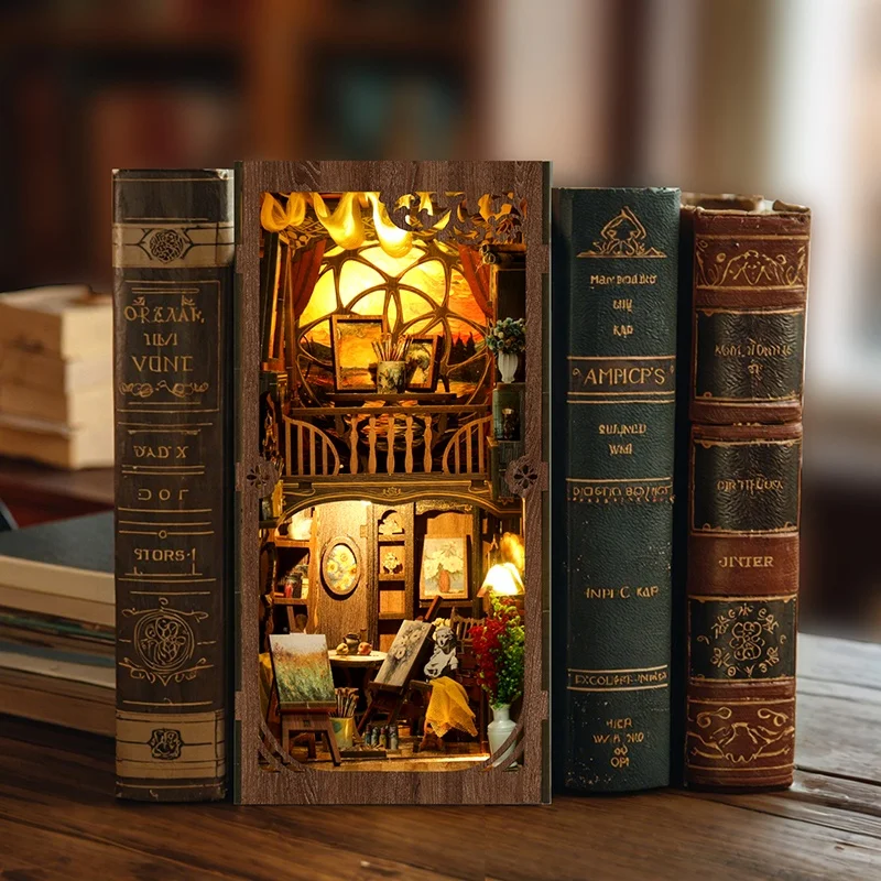 DIY Holz-Buchecke, Regaleinsatz-Set, eine Welt im Rahmen, Miniatur-Modellbausätze, Bücherregal mit Licht, Buchstütze, Freunde, Geschenke