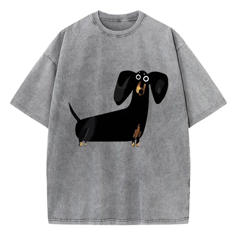 Lustiges T-Shirt mit Dackel-Hundemotiv und Acid-Wash-Effekt |   Übergroßes Damen-T-Shirt mit Rundhalsausschnitt |   Weiches Baumwoll-Freizeitoberteil für den Sommer