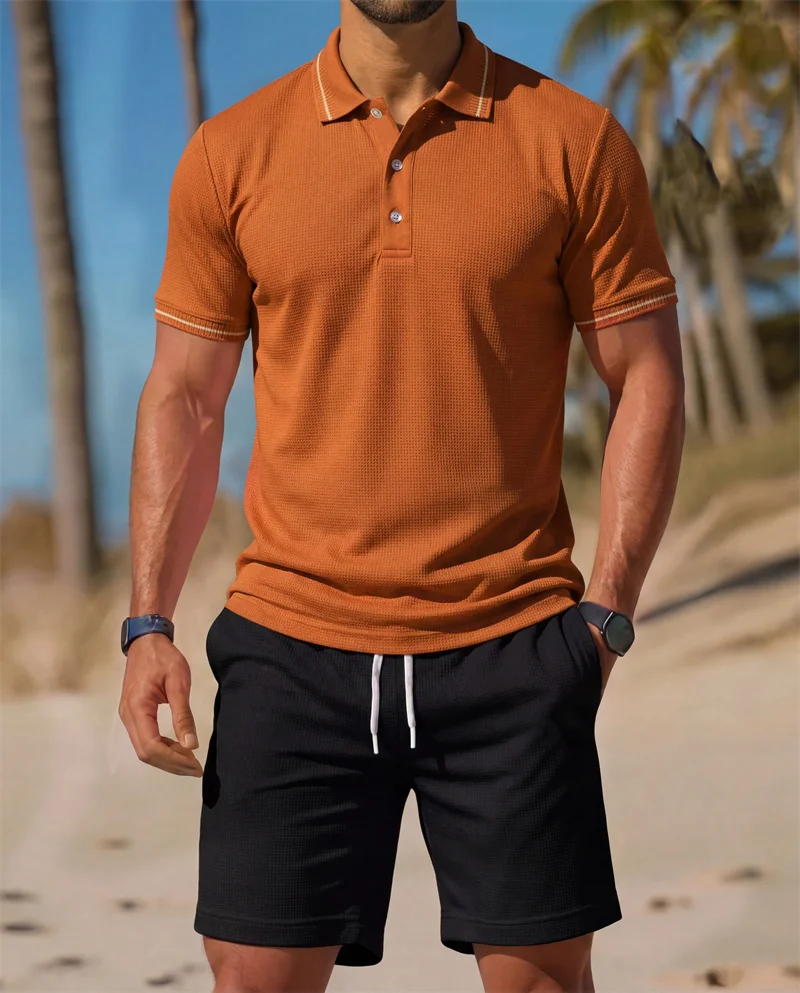 Men's two-piece suit Short Sleeve Polo Shirt + Drawstring Shorts Set Casual Summer  Breathable Beach Tracksuit Daily Wear view 5