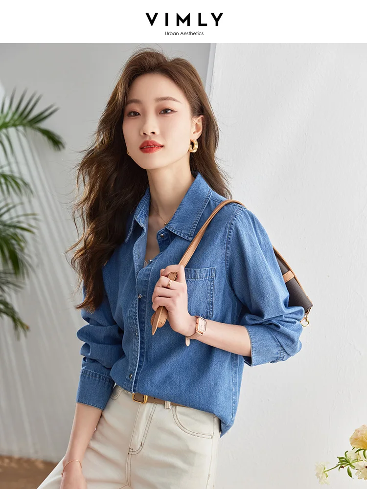 Vimly Vintage Cotton 100% Washed Denim Shirt Women 2024 Spring Fashion Casual Loose Long Sleeve Button Down Shirts & Blouses