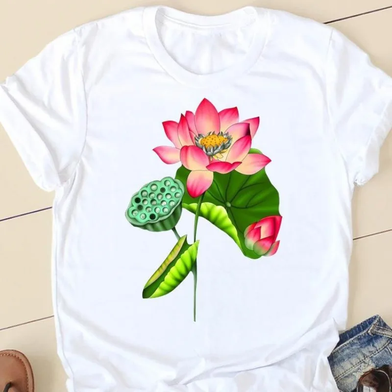 Lotus Printed European and American Clothing Top Short Sleeve T-shirt Women Clothes  Tops  Women Clothing