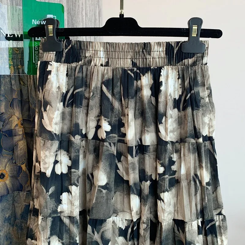 กระโปรงยาวทรงเอวสูงลายวินเทจพิมพ์ลายดอกไม้ ผ้าพลิ้วไหว สไตล์ลำลอง เหมาะสำหรับใส่ไปทำงาน
