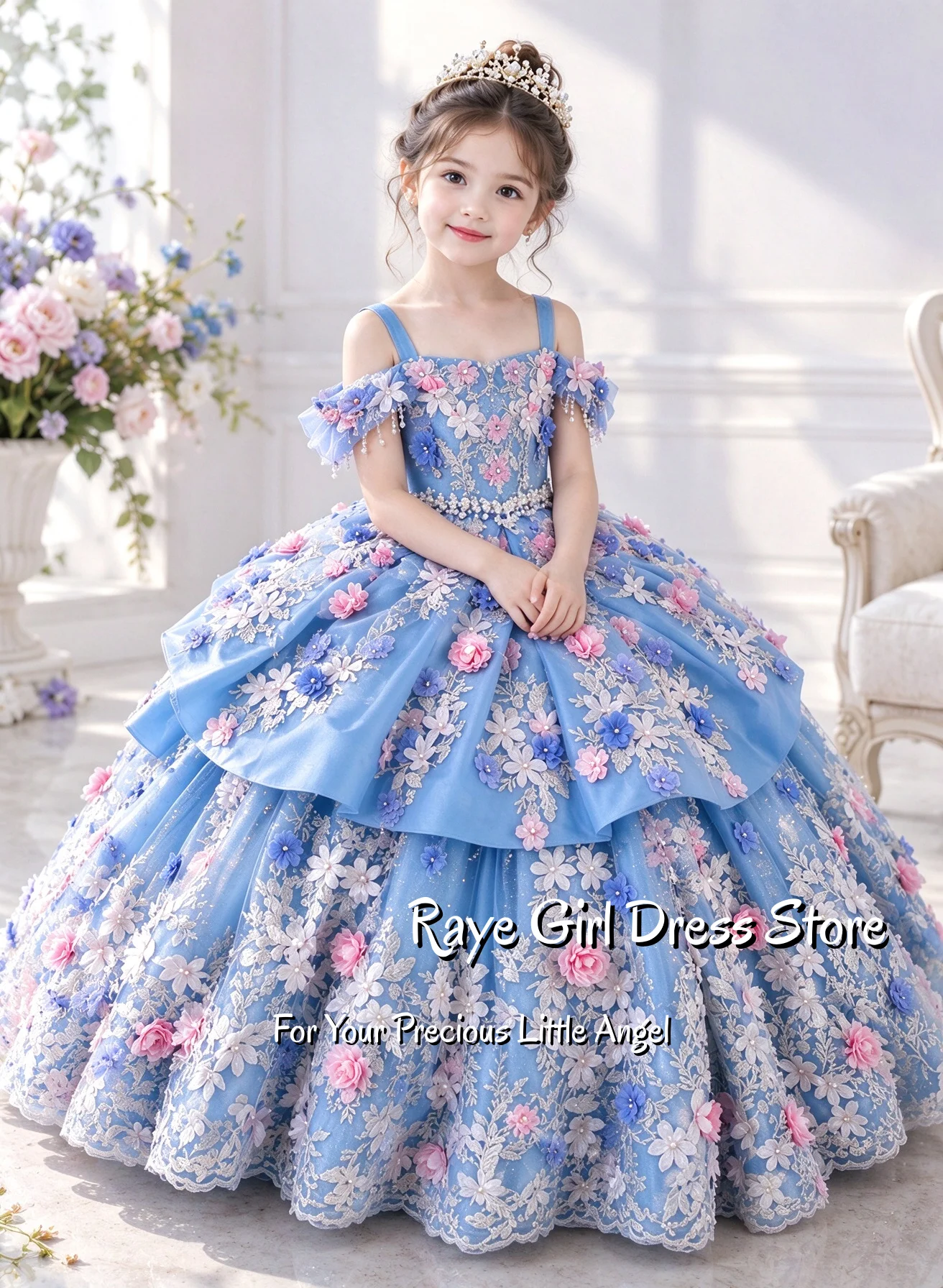 Romantic Lavender 3D Floral Tulle Flower Girl Dress For Wedding Pageant Birthday Floor Length Puffy Gown Off Shoulder Strap