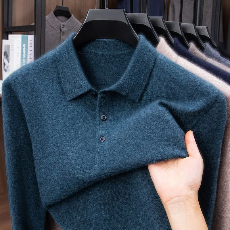 

00% Wool Men's Knitted Sweater Casual Collared Base Layer irt T-irt Mid-aged Autumn Winter High-end Comfortable Innerwear