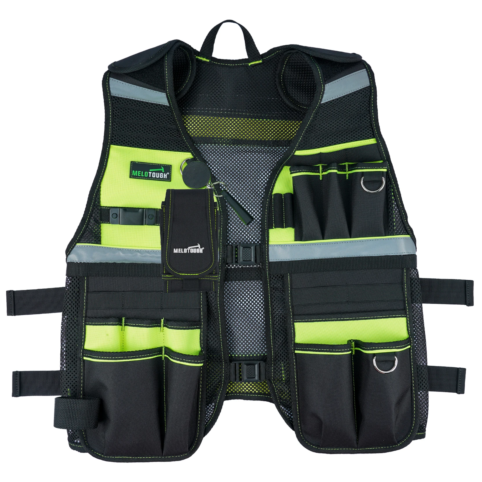 Gilet per attrezzi MELOTOUGH gilet riflettente per attrezzi di sicurezza con supporto per telefono rimovibile per elettricista, carpentiere,