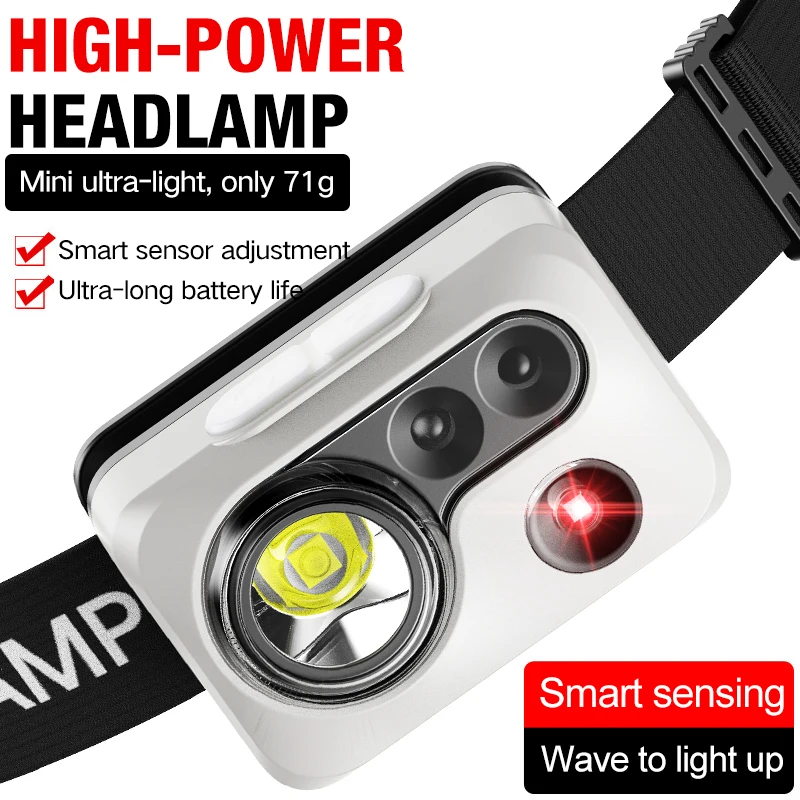Mini Powerful Hiking Camping Headlamp USB C Rechargeable Head Light LED Sensor Headlight Front Head Lamp For Working