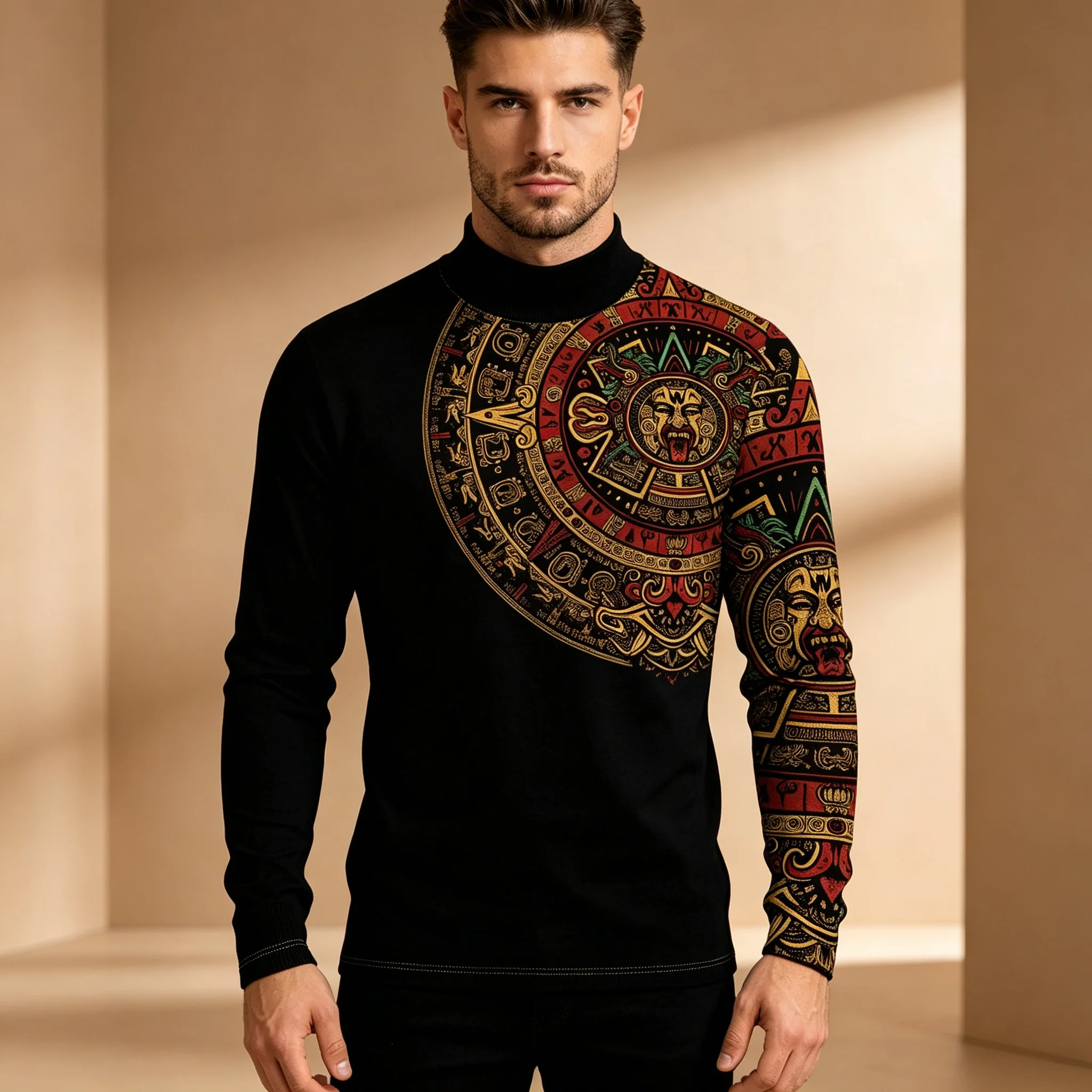 Men Mock Neck Long Sleeve T‑Shirt Aztec Calendar Tribal Print Mexican Ancient Totem Graphic Streetwear Casual Pullover Tops  Men