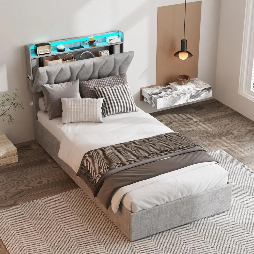 إطار سرير تخزين قابل للرفع مع لوح رأسي قابل للتعديل، محطة شحن، أضواء LED، شرائح خشبية، خالية من الضوضاء، بدون صندوق زنبركي