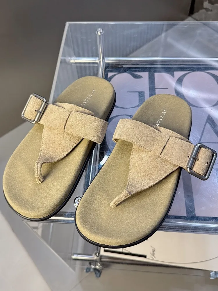 Leisure Clip Toe Genuine Leather Slip On Slippers Versatile Solid Color Cowhide Buckle Strap Female Hard Wearing Footwear