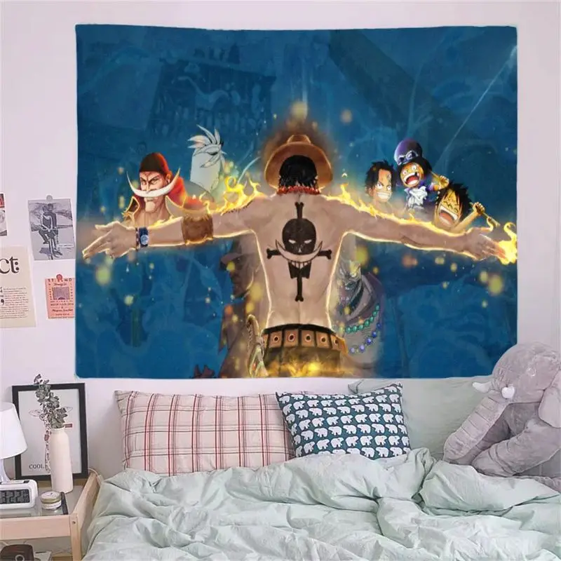 1PC One Piece Ace Flaming Cross Tattoo Anime Tapestry Large Blue Tapestry with Characters Wall Art for Bedroom Living Room Decor