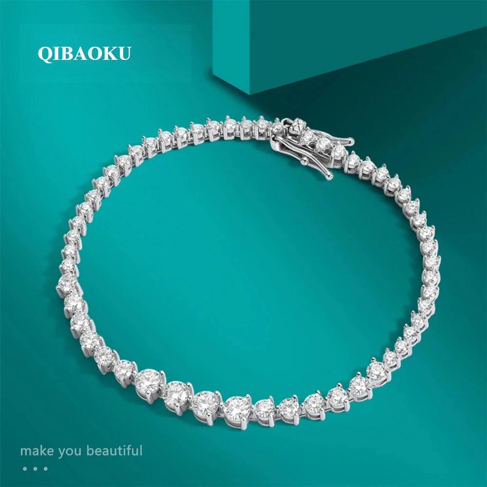 QIBAOKU 925 Sterling Silver Graduated Moissanite Tennis Bracelet 3 Prong 2-3-4mm Stone Wedding Birthday Bracelet For Women Gift