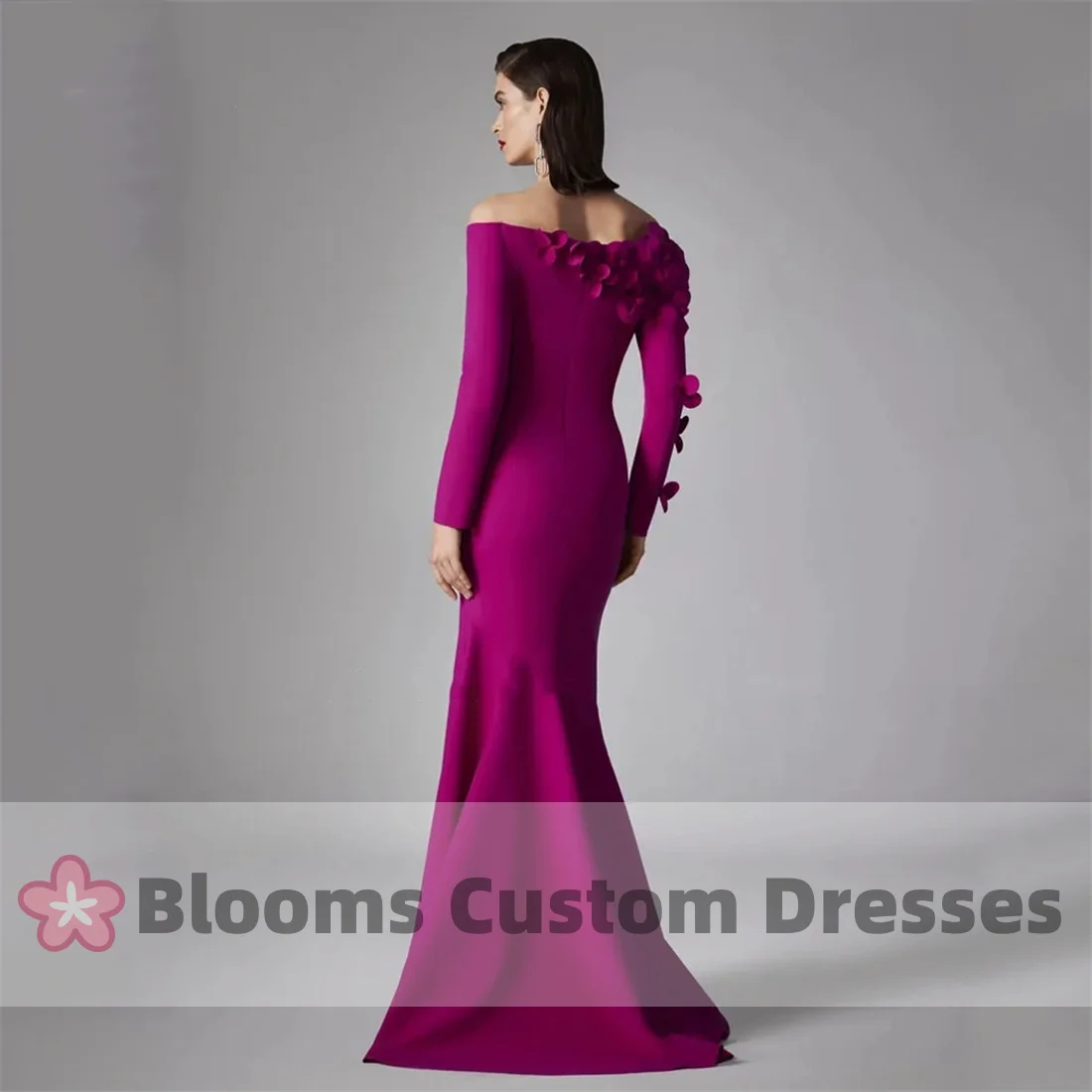 Blooms Off Shoulder Long Sleeves Crepe Mermaid Evening Dress 3D Flowers Formal Gown Prom Dress For Wedding robes invitée mariage