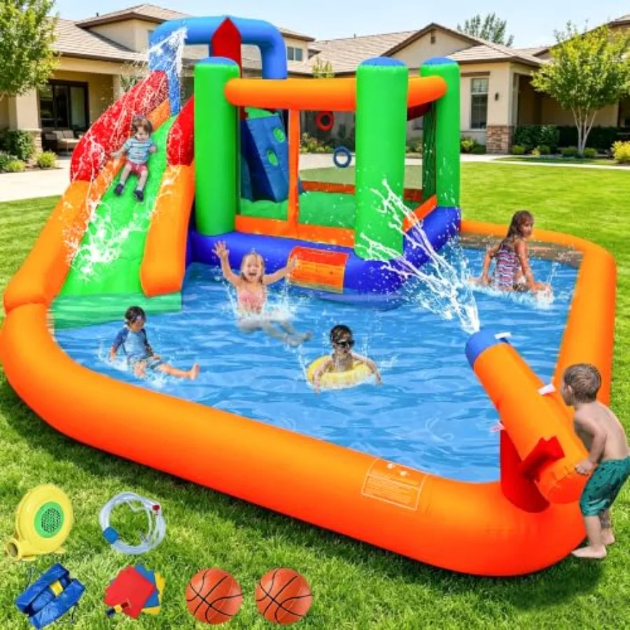 Backyard water park inflatable slide combo: PVC, blue/red, 7-in-1 with slide, bounce area, climbing wall, splash pool, water ca