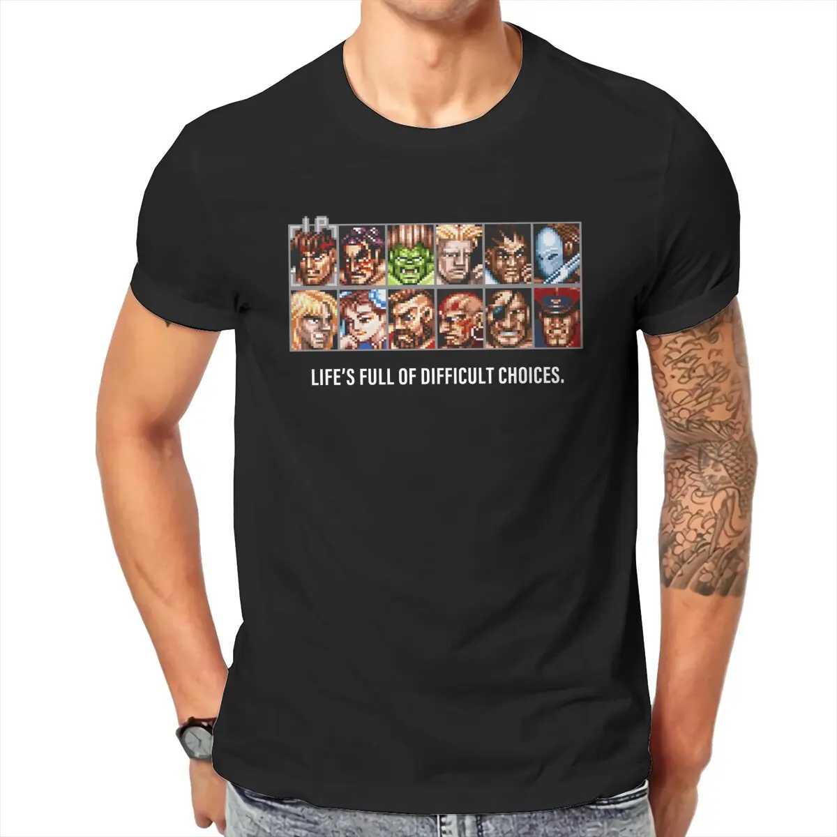 Funny Street fighter Difficult Choices video game Pixel art T-Shirt Men  Awesome 100% Cotton printed Shirt  Summer Tops