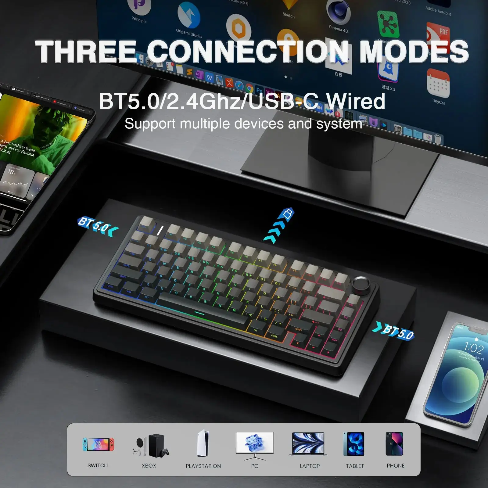 AULA F75 Pro Gasket Mounted Wireless Gaming Mechanical Keyboard RGB Customized 75% Layout Side-engraving PBT Keycaps