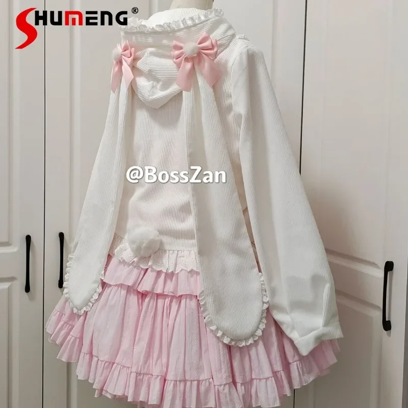 

2024 Spring And Autumn Japanese Lolita Rabbit Ear Coat Rojita Lantern Sleeves Pink Color Sweet Cute Jacket For Women's Clothes