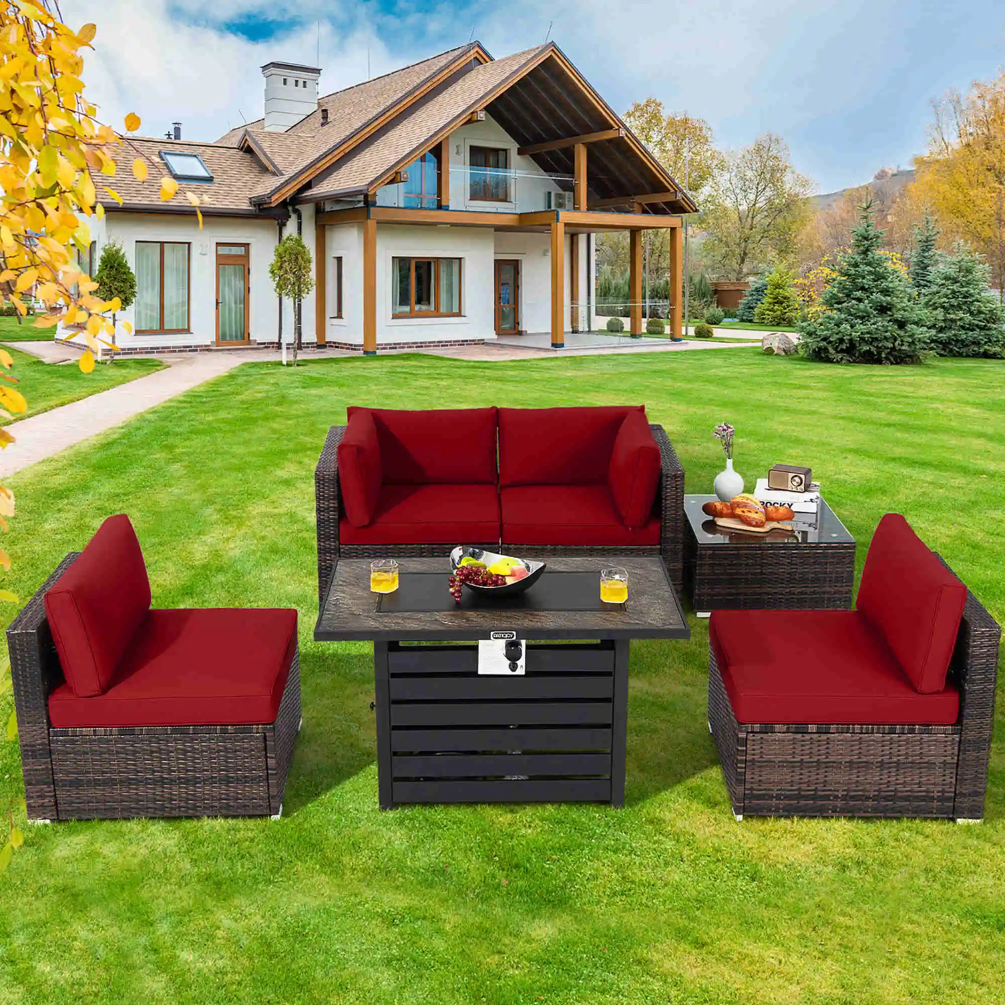 

6PCS Patio Rattan Furniture Set 42" Fire Pit Table Cover Sofa Cushion Red