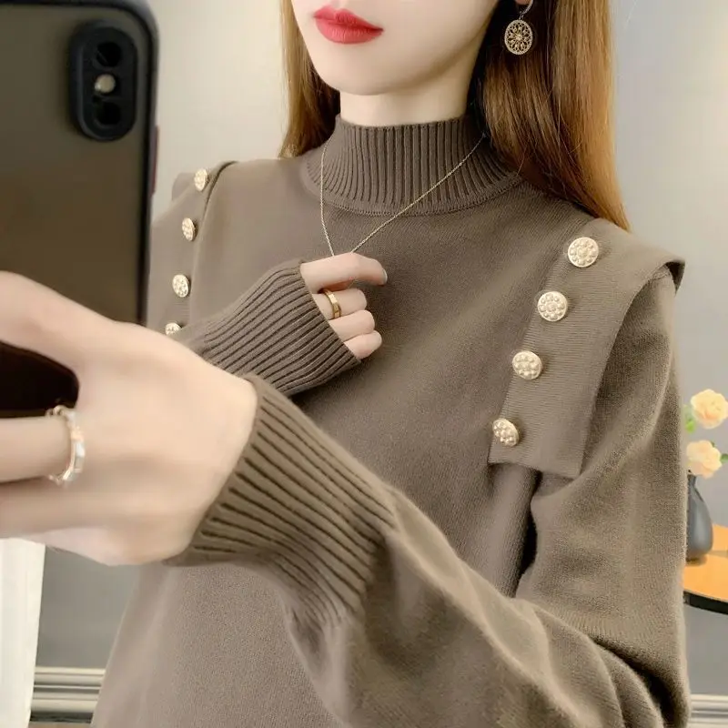 2023 Autumn and Winter Women's Solid Half High Collar Long Sleeve Loose Pullover Knitted Sweater Button Fashion Casual Tops