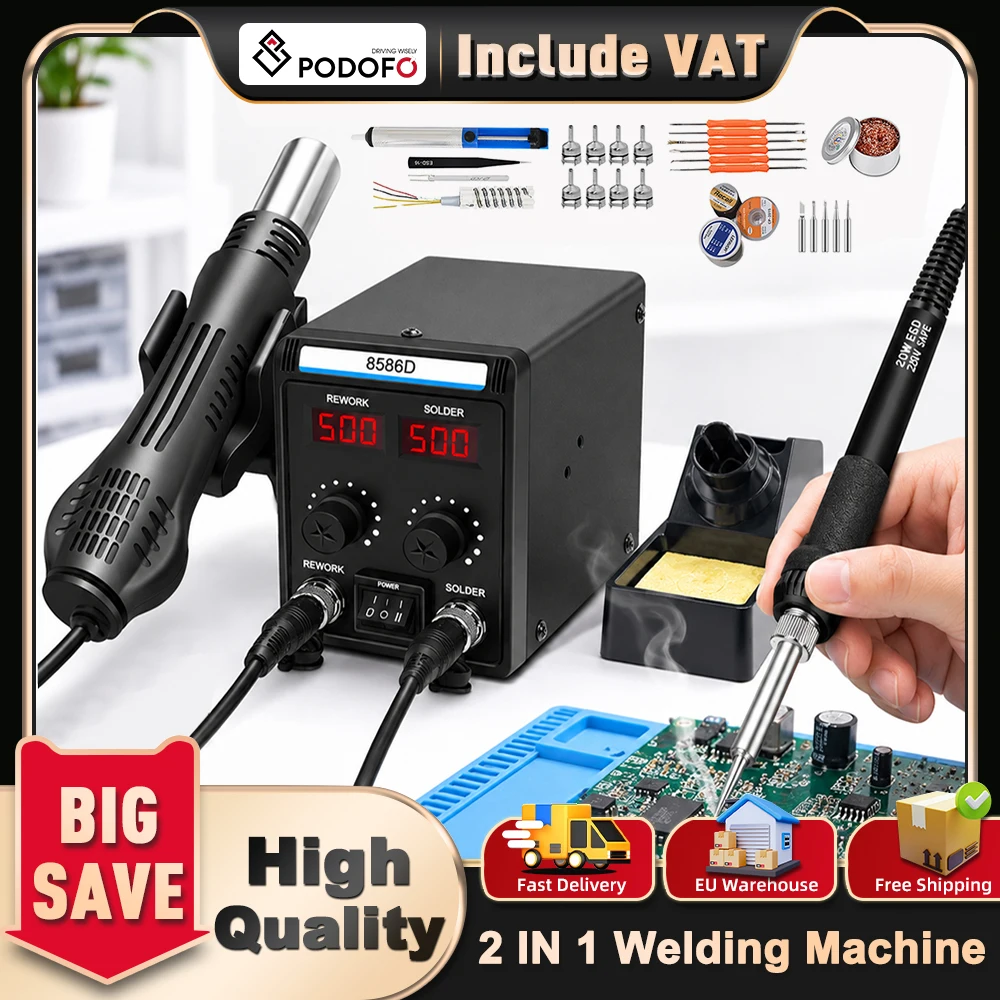 Podofo 700W 2 In 1 LCD Digital Rework Soldering Station Hot Air Iron Low Noise Hot Air Gun & Soldering Iron Combo Kit Temperature Controlled Rework Welding Tool for PCB Circuit Board Electronics