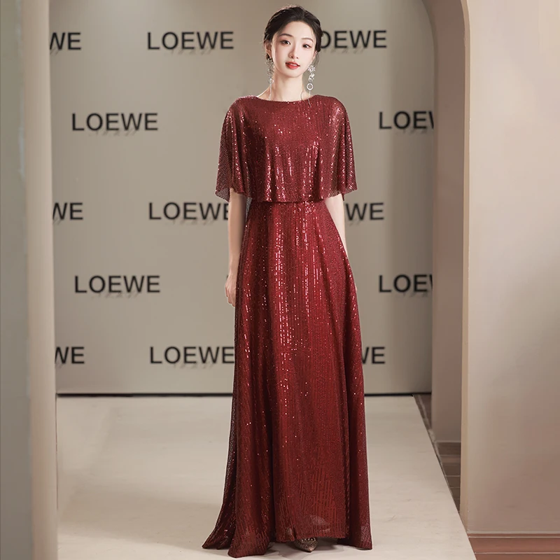 

Wine Red Sequin Women Wedding Party Dresses Elegant Scoop Neck A-Line Floor-Length Mother Of The Bride Dresses