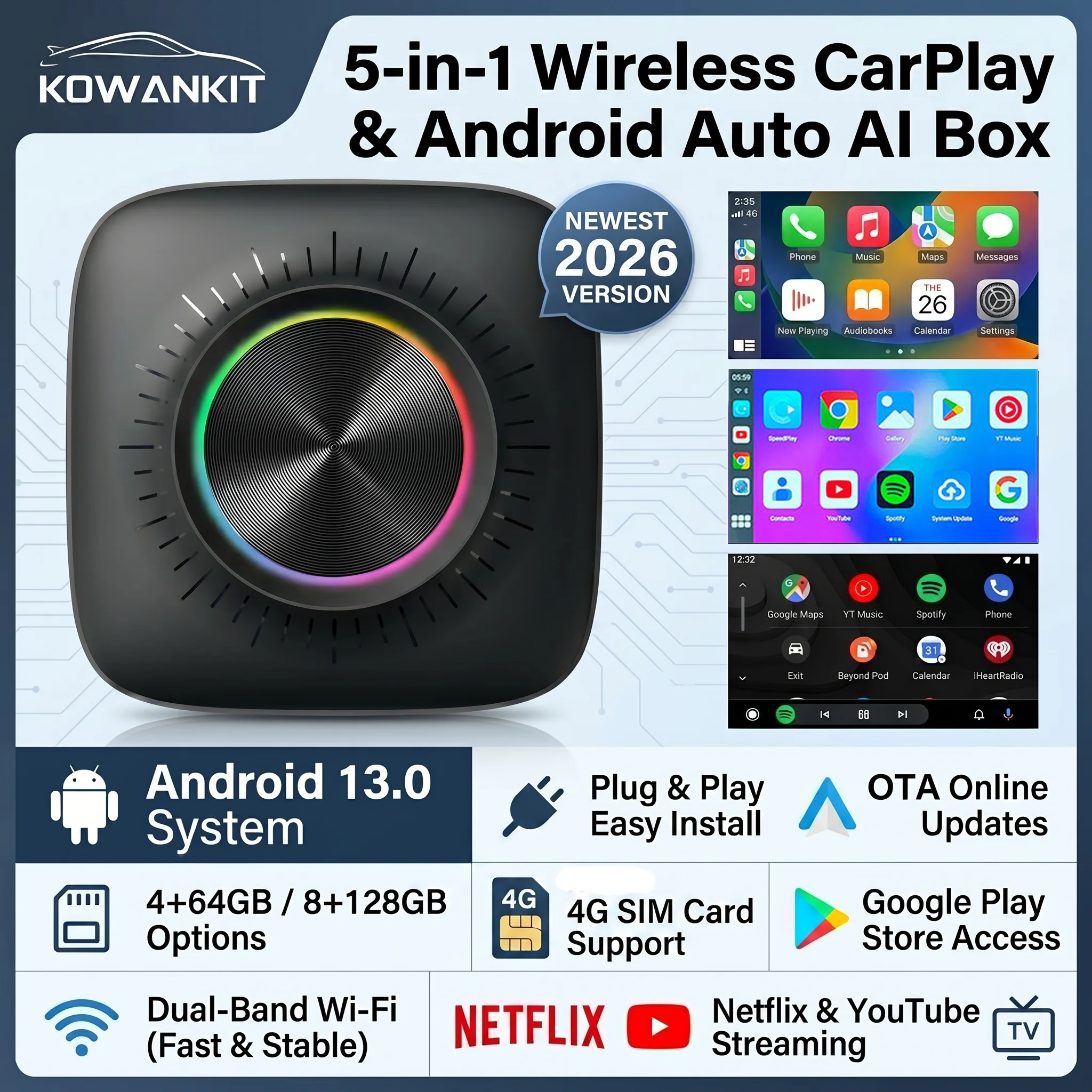 8+128G Android 13 Wireless Carplay AI Box KowanKit 2026 SIM Card Slot Android Auto 5in1 Plug Play Car TV Box For Netflix Youtube