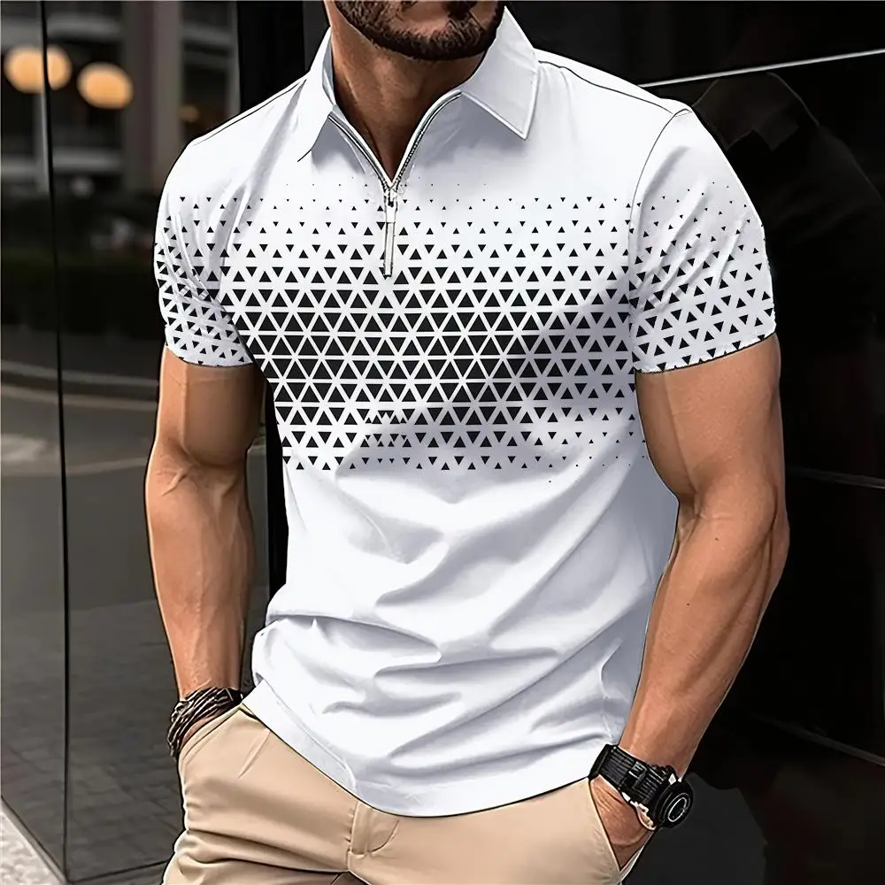 Zipper Men\'s Polo Short Sleeved Casual Men\'s Clothing Micro Elastic Breakable Zipper Polo Men Fashion Top Daily Shirt