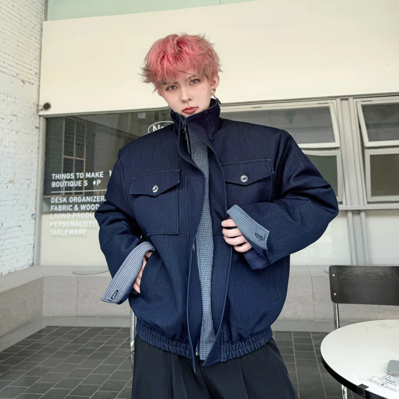 

Retro Plaid Splicing Stand Collar Jaet Fake Two-Piece Cotton Coat Men's Cotton Outerwear Sli Spring Casual Faion