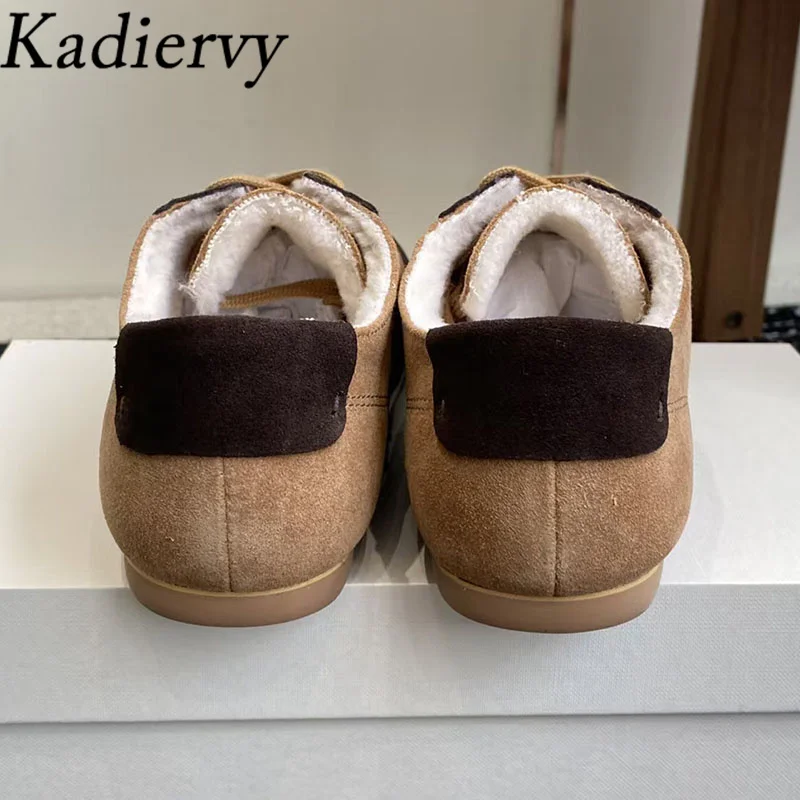 الشتاء أحذية رياضية امرأة جولة تو الدانتيل يصل في الهواء الطلق حذاء مسطح النساء البقرة المدبوغ مختلط اللون عادية الصوف الدافئة أحذية رياضية نسائية