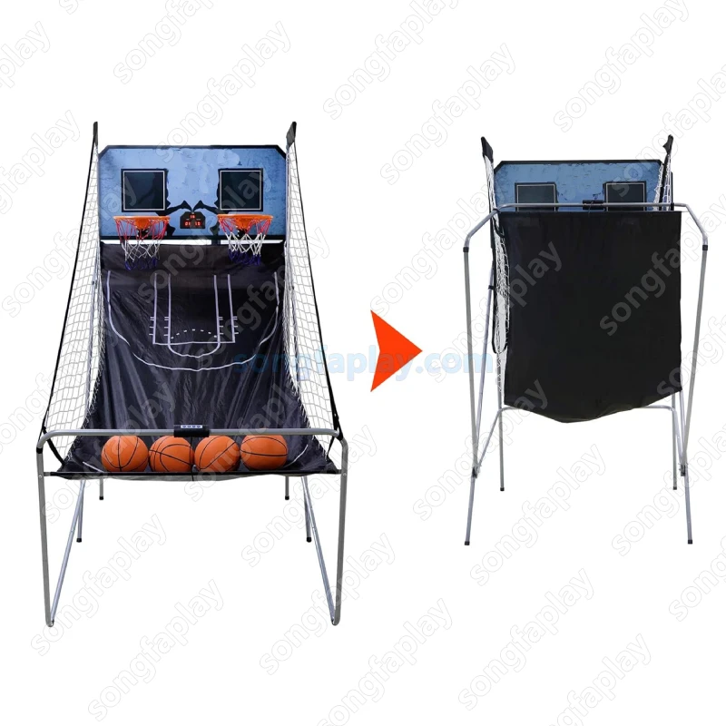 インタラクティブな2人用電子アーケードバスケットボールマシン、屋内外兼用、スコアリング機能付き、バスケットボール4個、折りたたみ式、子供向け