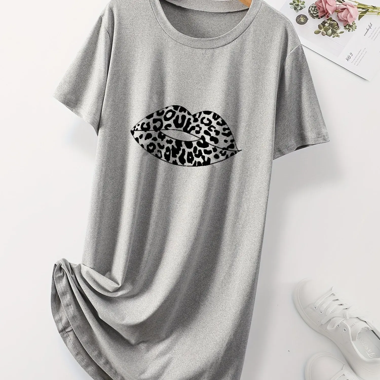 Sexy Lips Print Women\'s Home Nightgown Plus Size High Stretch Dress Loose Halter Street Sexy Dresses