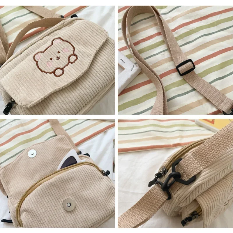 Bolso de hombro Diagonal bordado de oso de peluche para mujer, bolso de ocio de pana, bolso cruzado, monederos de viaje y bolso de mano diario