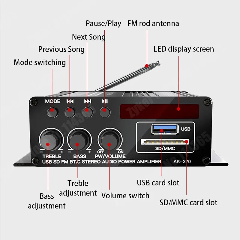 AK370 12V Bluetooth Audio Amplifier for Car Mini Digital Sound Amplifiers for Home Car Channel 2.0 HIFI Power AMP FM Bass Treble
