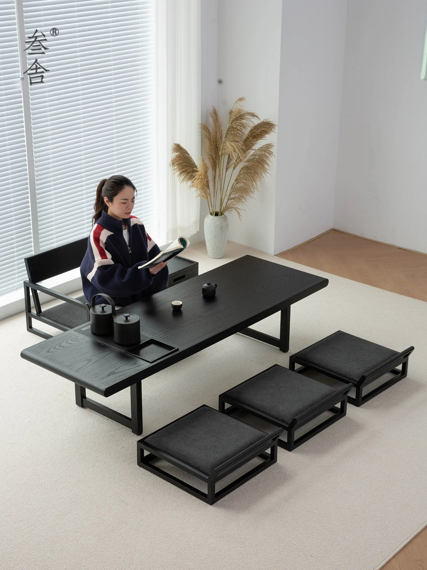 CX wabi-sabi Japanese style, solid wood tatami tea table with kettle integrated