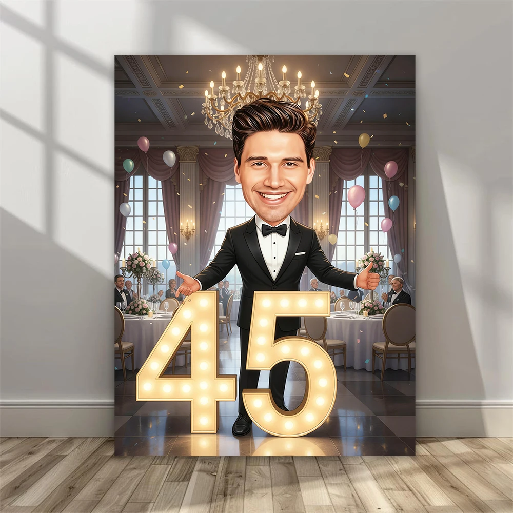 

Personalized 40th Cartoon Portrait Poster 45th Caricature Prints Canvas Painting Man Birthday Funny Gift Home Bedroom Wall Art