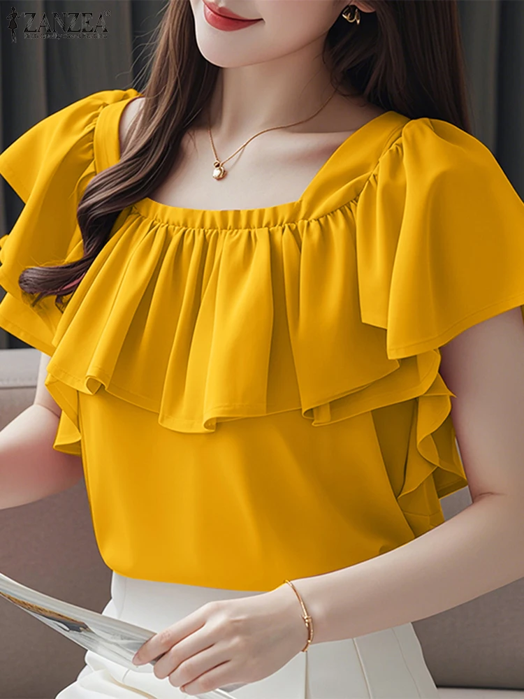 

ZANZEA модная женская элегантная блузка с рюшами, летняя однотонная туника с квадратным воротником, топы 2025 года, офисные женские рубашки с короткими рукавами
