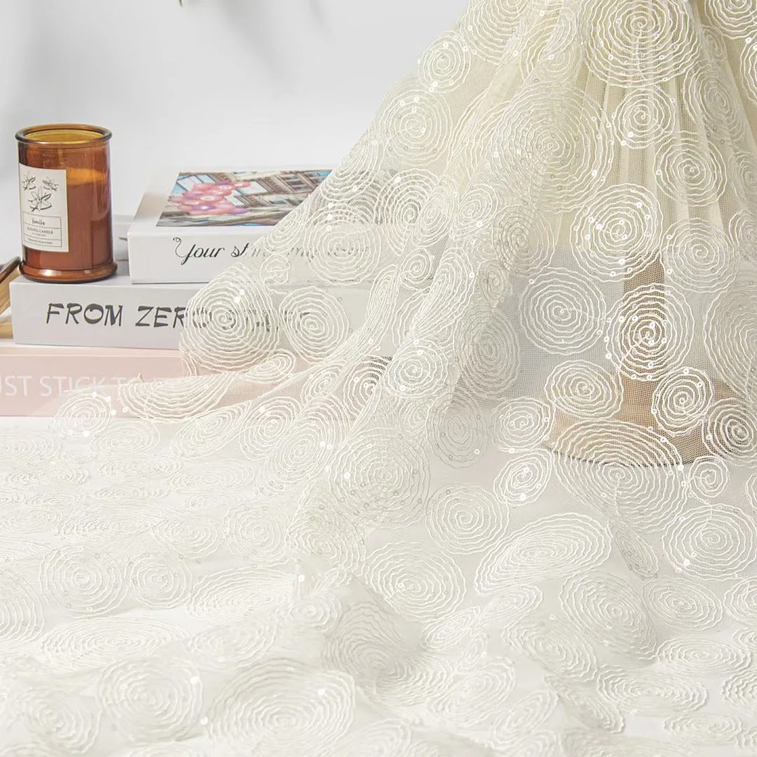 Cord Embroidery Mesh Fabric Spiral Floral Sequin Lace Fabric For Women Dress Evening Gown Wedding Costume DIY Sewing Material