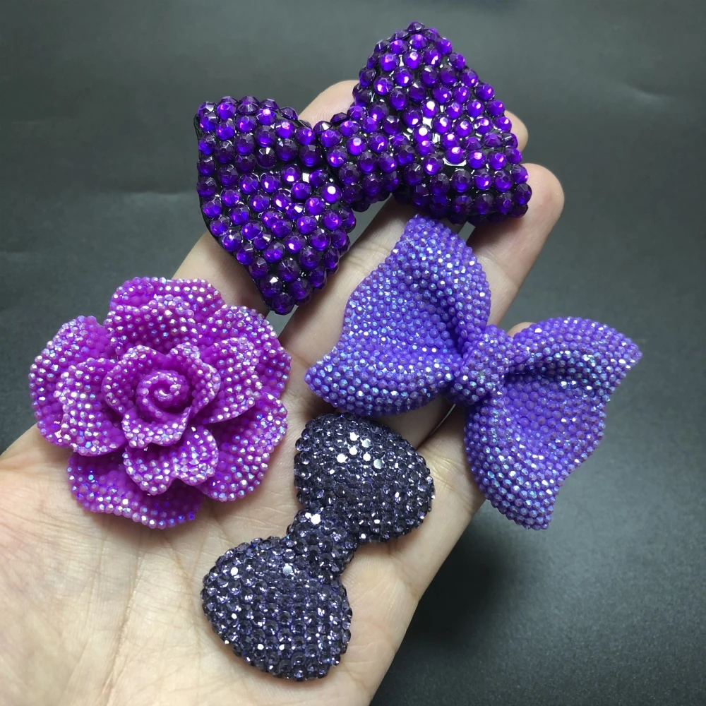 2Pcs Kawaii French Elegance Purple Bow Rhinestone Rose Resin Flat Back Charms Junk Phone Case Decor Diy Handcrafts Supplies