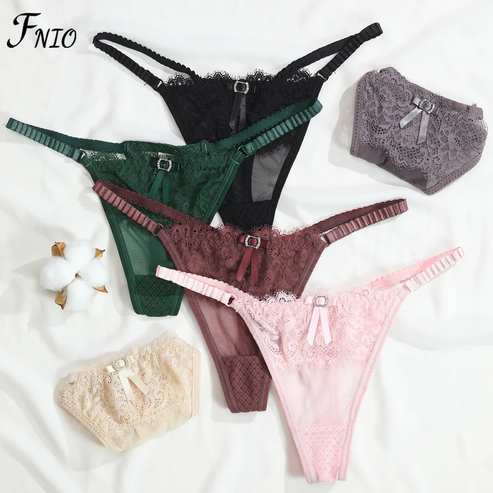 FNIO 2PCS Thin Sexy lace leaves Women\'s Sexy lingerie Thongs G-string Underwear Bow Panties Briefs Ladies T-back Seamless Pantie